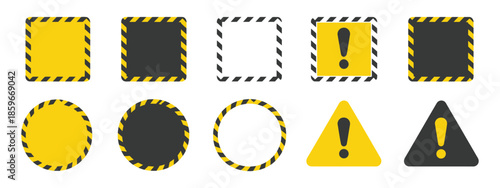 Yellow black caution sign, warning round and square banners, attention symbols, safety alert vector illustration, isolated on white background.