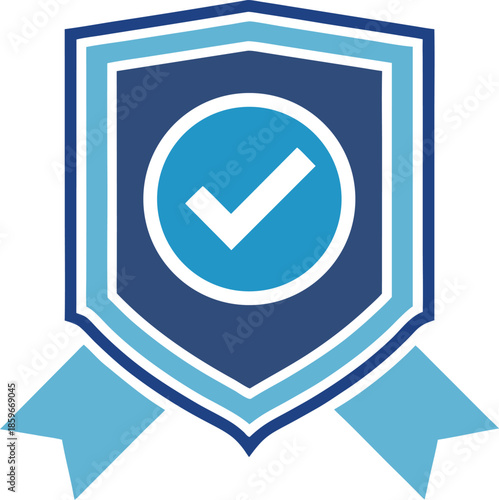 Blue shield with checkmark on transparent background icon symbol security safety verified validation approval award ribbon badge graphic illustration logo mark sign check tick tick