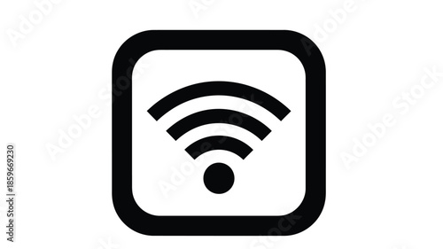 A simple black and white illustration of a wireless signal icon within a square frame