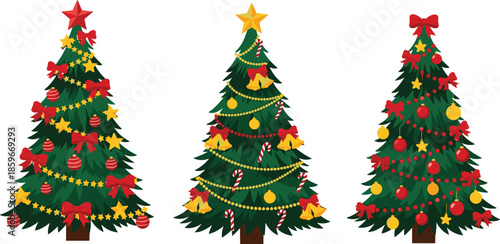 Set of Three Decorated Christmas Trees with Red Bows Golden Bells Stars and Candy Canes for Holiday Season Flat Vector Illustration