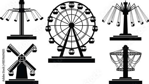 Amusement park ride silhouette icon set, ferris wheel swing ride carousel and thrill attractions black vector illustration isolated on white background design elements
