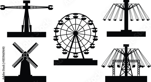 Amusement park ride silhouettes vector set, ferris wheel carousel swing ride windmill fair attraction icons, black flat design isolated on white background