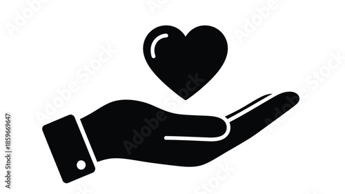 A black silhouette of a hand gently holding a heart shaped symbol above it