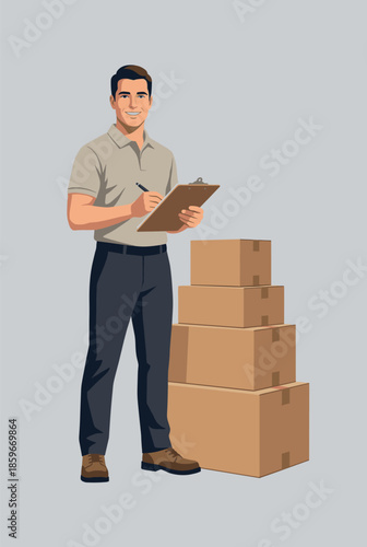 Warehouse worker checking inventory boxes