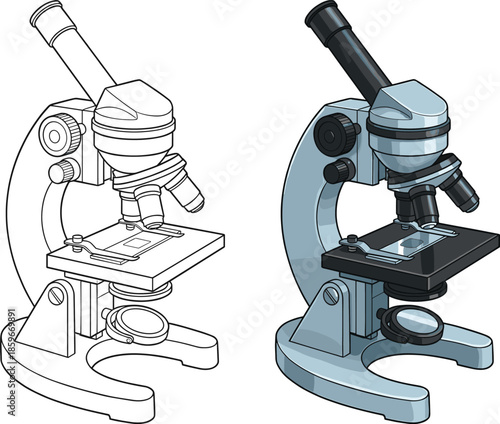 Microscope line art vector illustration, scientific laboratory equipment technical blueprint style, biology education research concept, medical analysis instrument isolated white background 