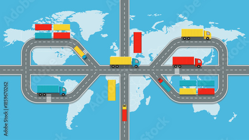 Global logistics and transportation concept with winding roads connecting continents on world map, colorful shipping containers and delivery trucks. International trade and freight network Flat Vector