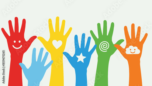 Colorful Hands Raised with Smiley Faces.