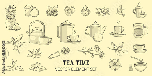 Hand-Drawn Tea Elements Vector Set in Retro Sketch Style. Herbal, Fruit and Matcha Illustrations