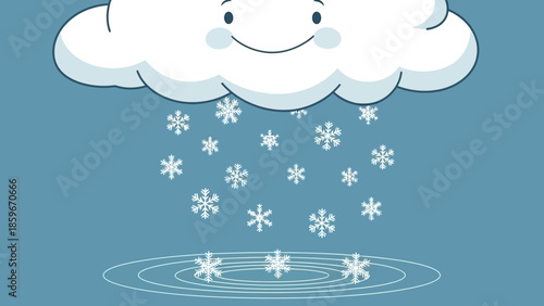 Smiling Cloud with Snowflakes Falling on Water.