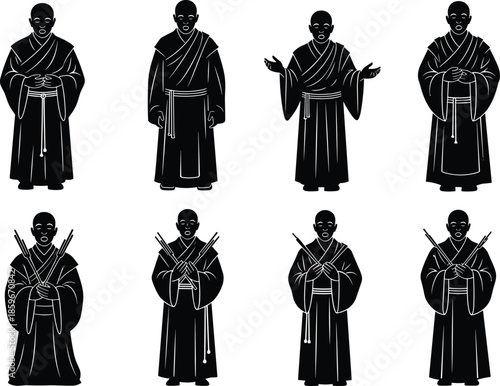 Monk silhouette, samurai pose, spiritual warrior, zen meditation, martial art figure, bald monk, traditional robe, sword posture, calm gesture, discipline