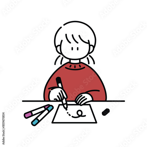Girl Drawing on Paper Minimal Vector Illustration