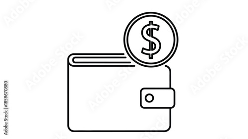 Simple line drawing depicts a wallet with a dollar sign symbolizing money or finance