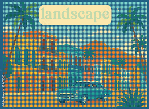 Cuba Landscape and Classic Scene Halftone Dot Matrix Poster Illustration