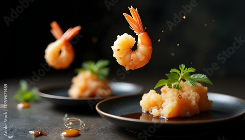 A luxury cinematic macro shot of assorted tempura pieces suspended mid-air above fragmented matte black ceramic plate elements