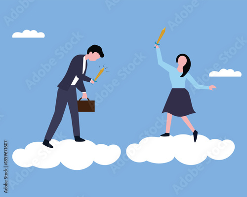 Business man and woman on cloud. Business strength and weakness analysis template. Bride and groom on the sky. Business concept vector illustration.
