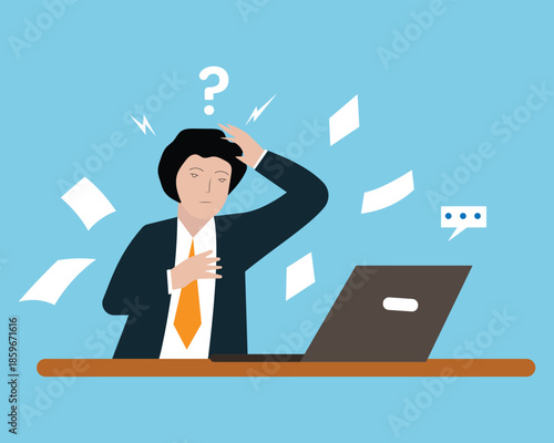 Business man  confused. Contemplation, doubt or unsure, curiosity thinking to solve problem,  business man with stress, overwork, and frustration at computer. Vector illustration.