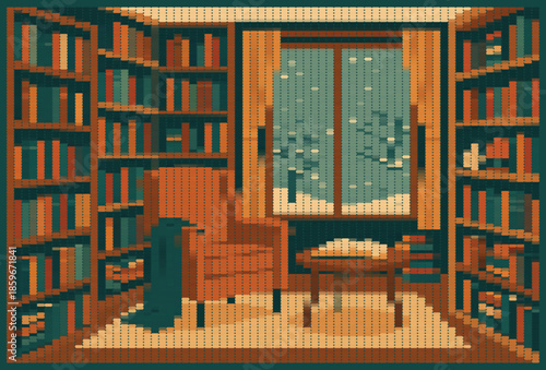 Cozy Library with Bookshelves and Armchair Halftone Dot Matrix Poster