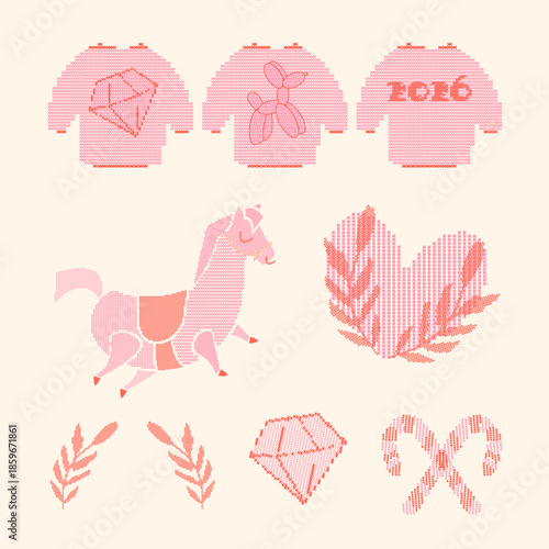 et of decorative cross stitch style elements including a sweater, diamond, horse, dog, twigs and lollipops, inspired by traditional embroidery