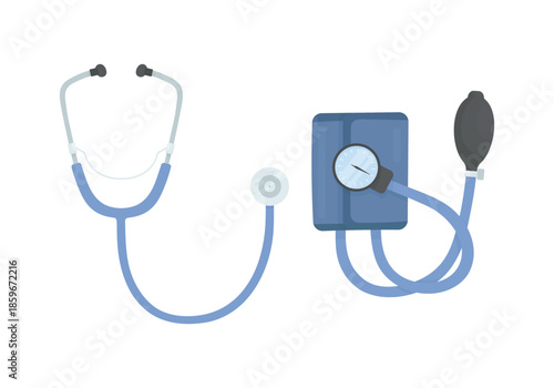 A blue stethoscope and mechanical tonometer on a white background. Elements of medicine. Measuring blood pressure. Caring for heart health.