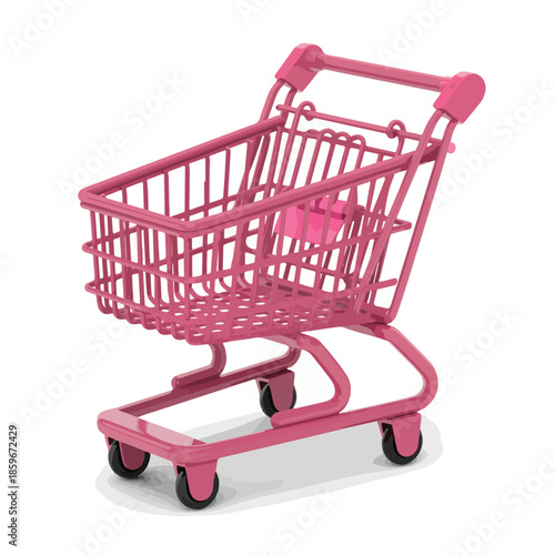 An isolated metal supermarket shopping cart with red handles and chrome wheels sits empty on a white background for retail commerce and grocery purchase