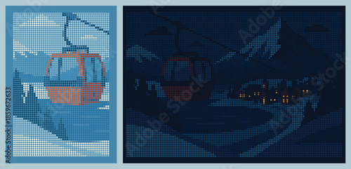 Ski Lift Gondola in Snowy Mountain Village Halftone Dot Matrix Poster