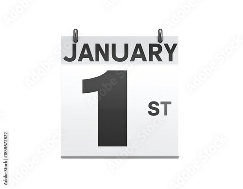 Minimal January 1st Calendar Page with Bold Date Typography, Front View, Isolated on Transparent Background 