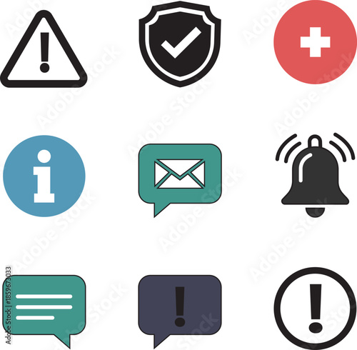 Modern Flat Notification and UI Icon Set, Alert, Message, Info, Security Symbols Vector