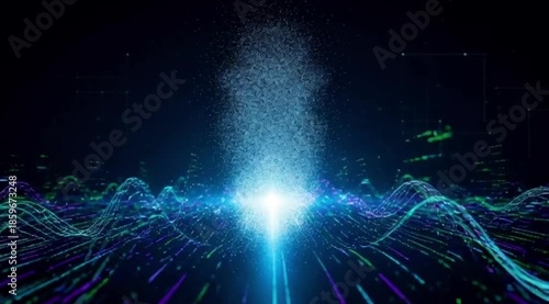 Digital Human Figure Dissolving into Data and Light on Sci-Fi Background