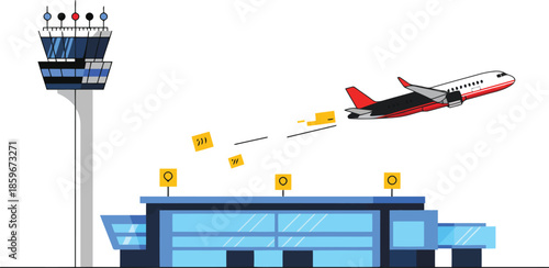 Modern Airport Scene with Airplane Departing and Cargo Shipping, Ideal for Travel and Logistics Designs