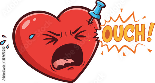Illustration of a Cartoon Heart with a Needle and Ouch Text: Expressing Pain and Emotion for Medical or Valentine's Day Themes