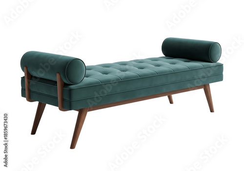 Teal velvet bench with bolsters isolated on transparent background
