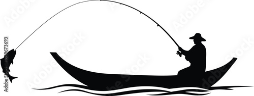 Silhouette of Fisherman in Boat Catching Fish at Sunset, Perfect for Fishing Enthusiasts and Outdoor Lifestyle Designs