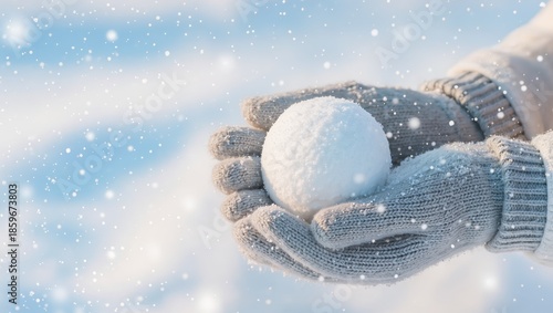 Hands in gray knitted gloves holding a perfect snowball with falling snowflakes, soft snowy background in blue and white hues, capturing winter play and outdoor freshness