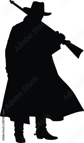 Silhouette of a Mysterious Cowboy Stance with Rifle in Hand, Evoking Classic Western Themes and Adventure