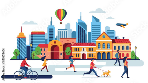 Cityscape with People and Buildings Illustration.