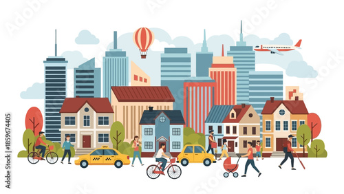 Cityscape with People and Transportation.