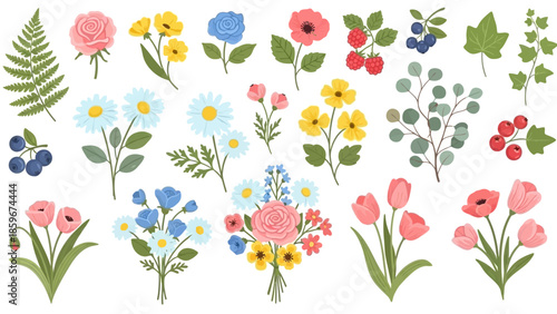Collection of Various Hand Drawn Flowers.