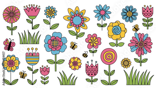 Colorful Cartoon Flowers and Insects Illustration.
