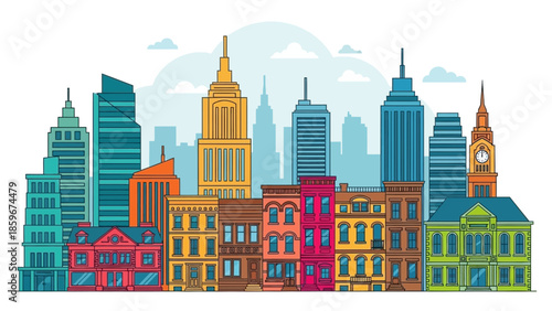 Colorful City Skyline with Iconic Buildings.
