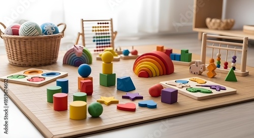 Colorful wooden toys and shapes arranged on a playroom floor  