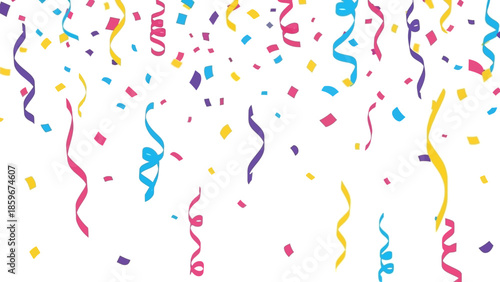 Colorful Confetti and Streamers on White Background.