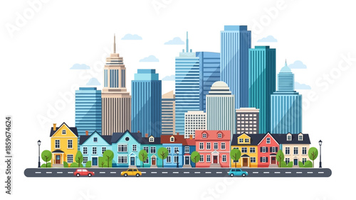 Colorful Cityscape with Houses and Skyscrapers.