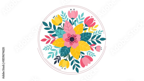 Colorful Floral Pattern on White Plate.