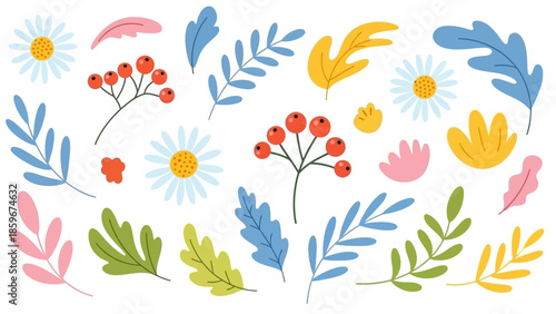 Colorful Hand Drawn Floral Elements Collection.