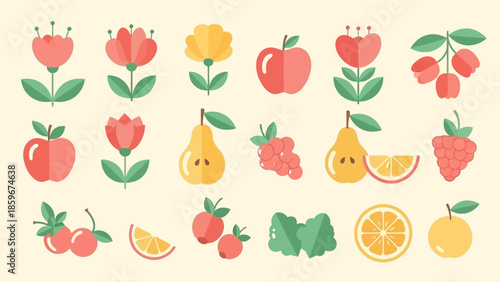 Colorful Fruit and Flower Illustrations Collection.