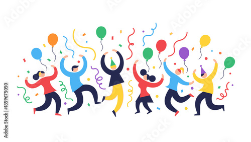 Diverse People Celebrating with Balloons and Streamers.