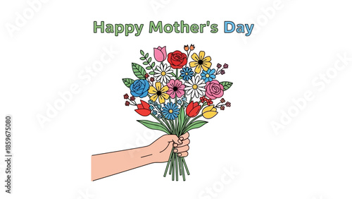 Hand holding colorful bouquet of flowers.