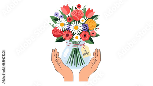 Hands Holding Colorful Flowers in Vase.