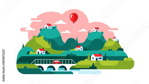 Illustration of Houses and Mountains with Balloon.