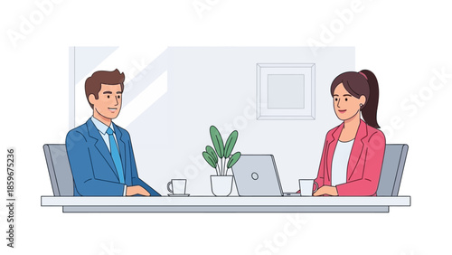 Man and woman sitting at office desk.